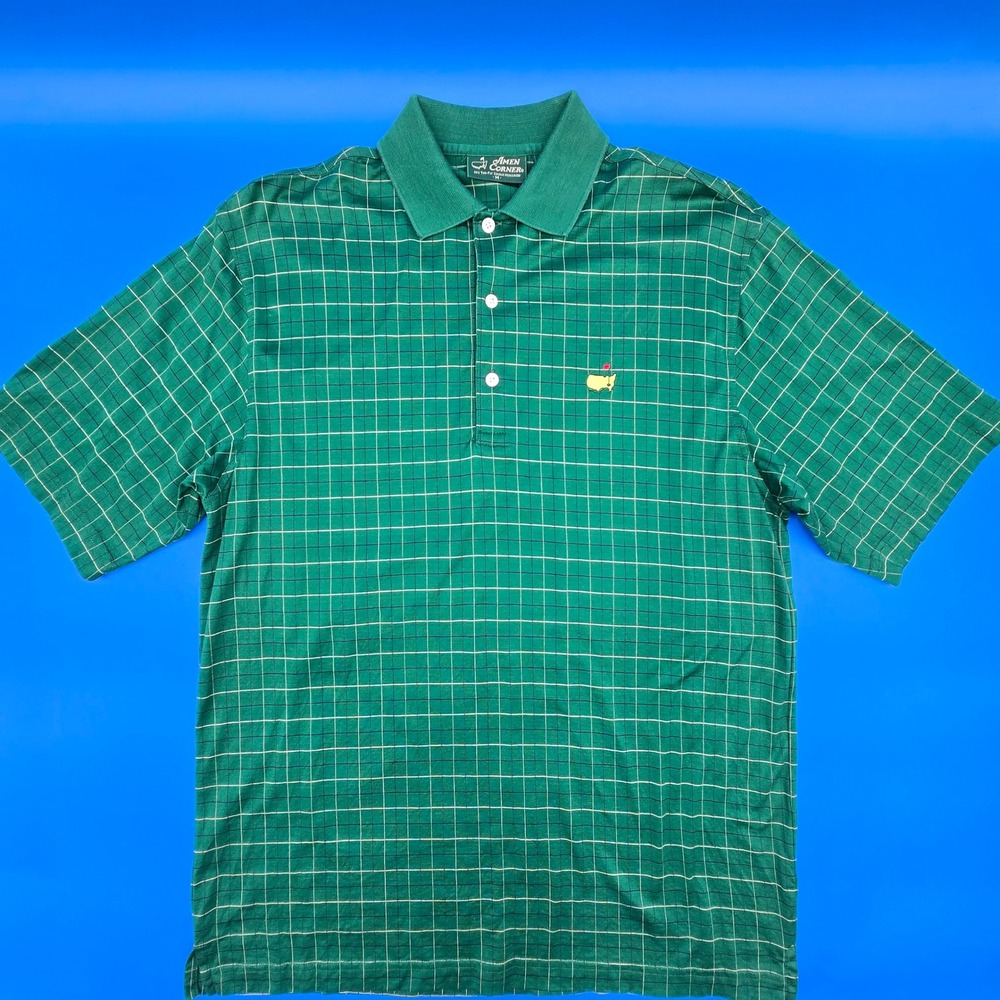 Masters Amen Corner Green Windowpane Pima Cotton Golf Polo Shirt Mens‎ Medium